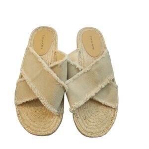 Tahari Tan Fabric Criss Cross Espadrille Flats Raffia Size 10 Flat Slide Sandal